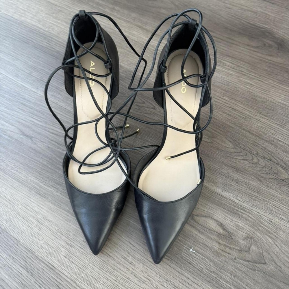 Aldo Black Lace-up Pointed Toe High Heels - Picture 2 of 3